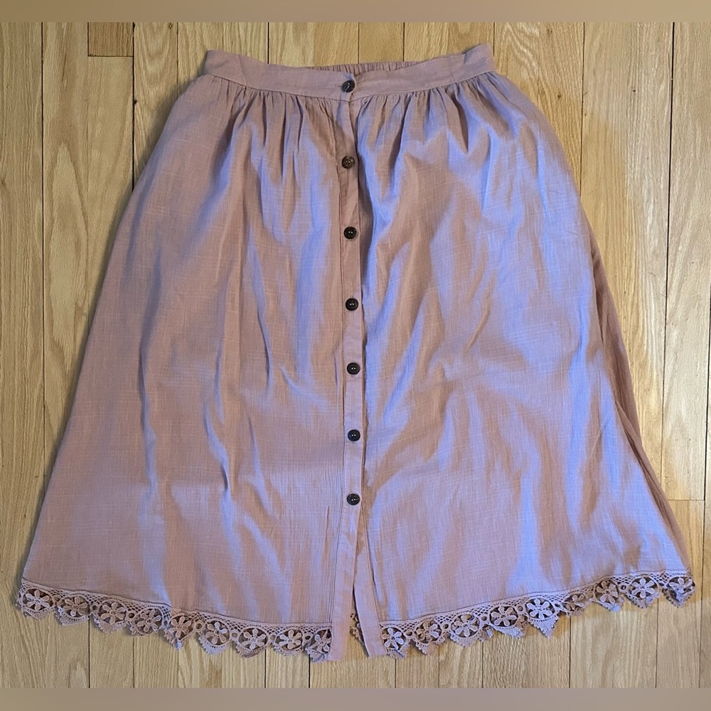 Listicle Light Dusty Rose Button Front Lace Trim A-Line/Full Midi Skirt, Size M